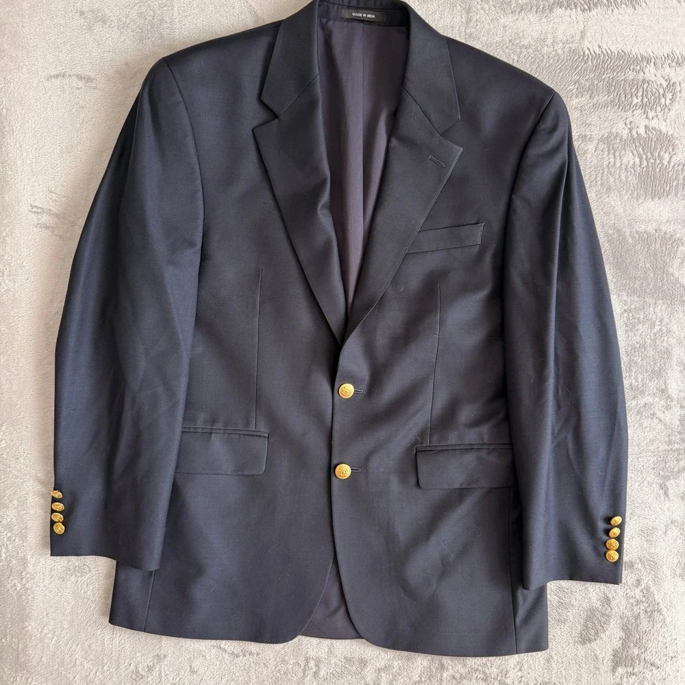 Lauren Ralph Lauren Mens 39R Navy Blue Wool Blazer Gold Crest Buttons Sport Coat